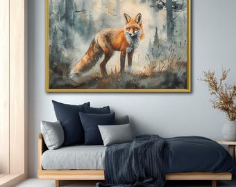 Lienzo de zorro rojo en el bosque, arte mural de animales, pintura de vida silvestre del bosque, decoración rústica de naturaleza, impresión de zorro del bosque, decoración de pared de cabaña campestre