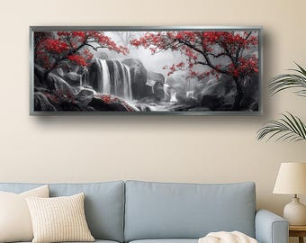 Panoramic Red Tree Waterfall Art, Black White Nature Canvas Print, Asian Zen Landscape Wall Decor for Living Room Bedroom