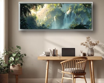 Tropical Waterfall Jungle Art, Panoramic Rainforest Canvas Print, Lush Nature Wall Decor for Living Room Bedroom Office Home
