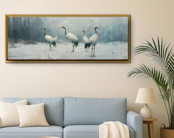 Cuadro de pared con grulla blanca, pintura minimalista de paisaje con aves, obra de arte panorámica de naturaleza zen para dormitorio y sala de estar con decoración escandinava.