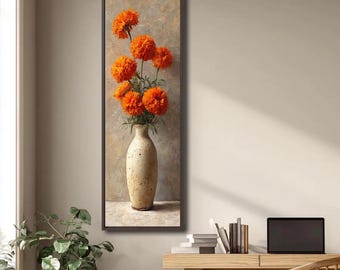Jarrón de flores naranjas para decoración de pared, pintura de naturaleza muerta floral, obra de arte en lienzo de estética neutra, decoración elegante para el hogar, ideal para sala de estar o dormitorio.