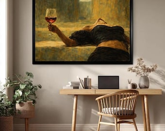 Wine Lover Wall Art Panoramic, Elegant Woman with Wine Glass Canvas Print, Modern Figurative Painting Artwork, Stylish Home Decor