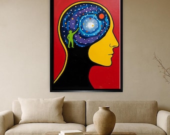 Surreal Mind Galaxy Canvas Wall Art, Abstract Human Thought Painting, Modern Conceptual Artwork for Living Room Office Decor