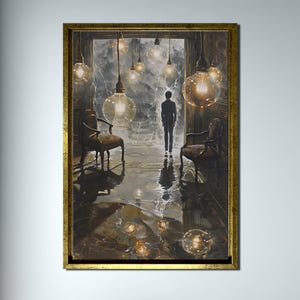Puede incluir: Obra de arte enmarcada que representa una escena surrealista con una figura de pie en una habitación inundada. Grandes bombillas brillantes cuelgan del techo. Dos sillas antiguas flanquean la figura. La obra está enmarcada en un marco dorado.