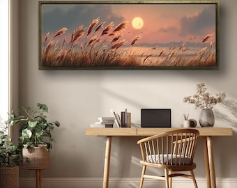 Cuadro panorámico de hierba de la Pampa al atardecer, paisaje natural cálido, decoración bohemia para dormitorio, arte para la pared sobre la cama, arte estético y tranquilo.