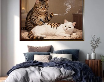 Funny Cat Wall Art Panoramic, Tattoo Artist Cats Canvas Print, Humorous Pet Artwork, Unique Animal Decor, Gift for Cat Lovers