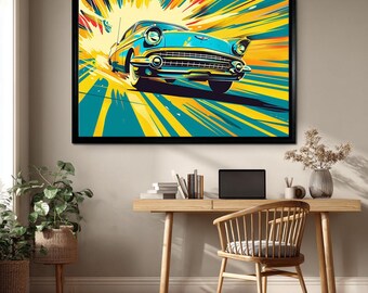 Retro Car Canvas Wall Art, Vintage Automobile Print, Pop Art Speed Painting, Classic Car Decor, Colorful Transportation Artwork