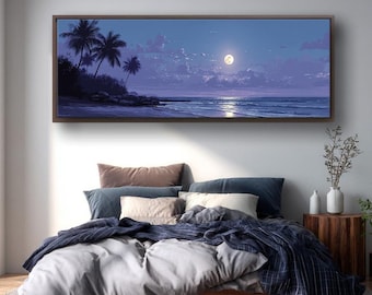 Cuadro de pared en lienzo con diseño de playa a la luz de la luna, pintura de paisaje nocturno tropical del océano, obra de arte costera con palmeras, decoración panorámica de playa.
