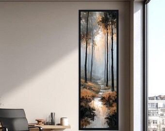 Cuadro vertical con diseño de sendero en un bosque neutro, decoración de paisaje boscoso brumoso, arte minimalista de la naturaleza, decoración de pared para pasillo, arte relajante.