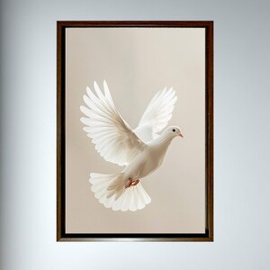 飛ぶ鳩の無料アートプリント、カーテンが揺れて窓から飛び立つ白い鳥