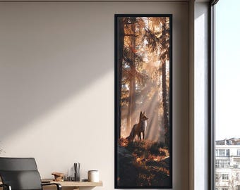 May include: A framed vertical print featuring a fox in a sunlit forest. The artwork showcases a fox standing on a rocky area, surrounded by tall trees and beams of sunlight. The color palette includes warm tones of brown, orange, and gold.