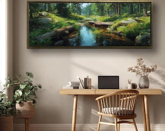 Cuadro panorámico de paisaje de río y bosque, decoración de pared de naturaleza, lámina de arte de bosque verde, arte relajante para la sala de estar.