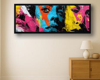 Colorful Pop Art Faces Canvas Wall Art, Abstract Portrait Canvas Print, Modern Graffiti Painting, Panoramic Wall Decor Gift
