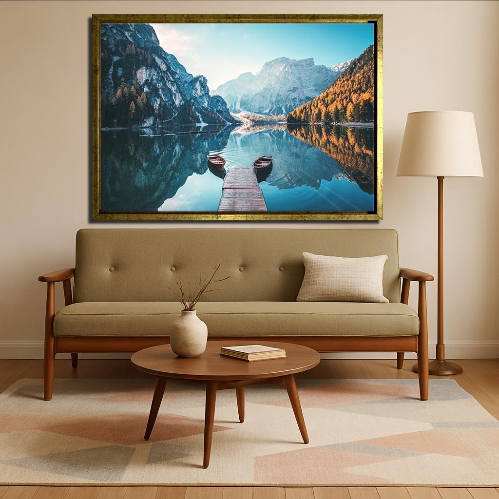 Mountain Lake Canvas Wall Art, Nature Landscape Print, Boat Dock ...