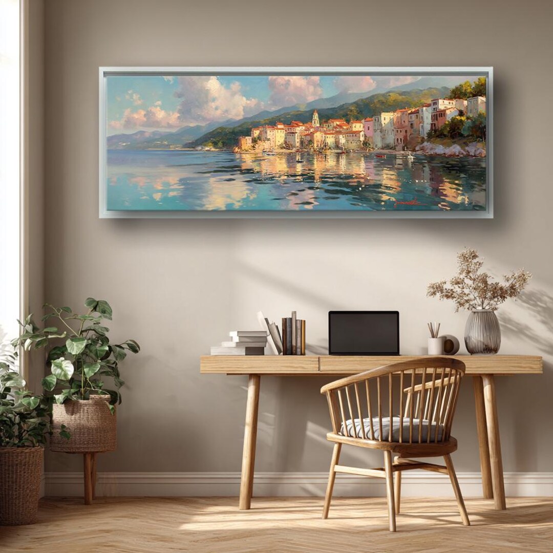 Mediterranean Coastal Canvas Art, Seaside Town Landscape Wall Decor ...