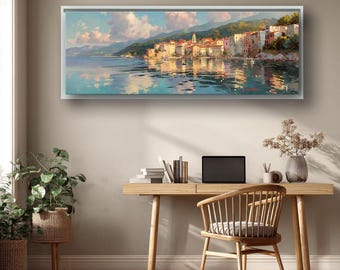 Mediterranean Coastal Canvas Art, Seaside Town Landscape Wall Decor, Sunset Harbor Painting Print for Living Room Bedroom Home