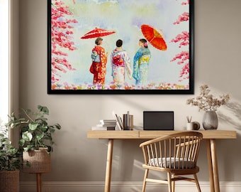 日本の着物アートキャンバス、桜の壁飾り、芸者の傘の絵画、リビングルームの寝室用のパステル調の東洋風プリント