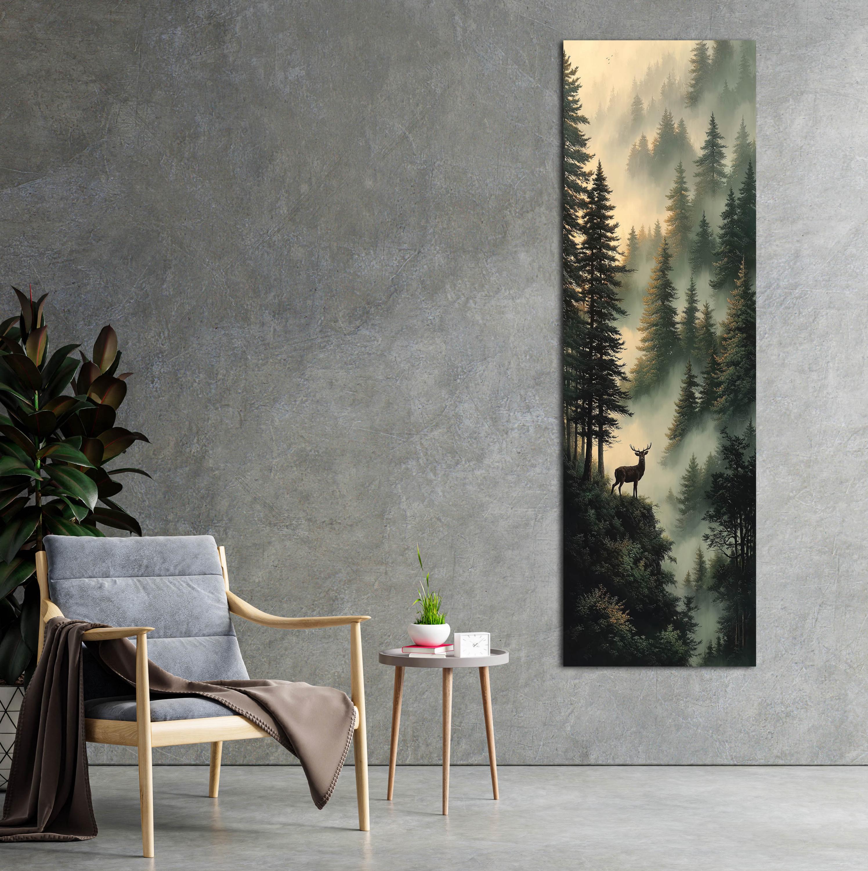 Misty Forest Deer Canvas Wall Art, Vertical Woodland Landscape Print ...