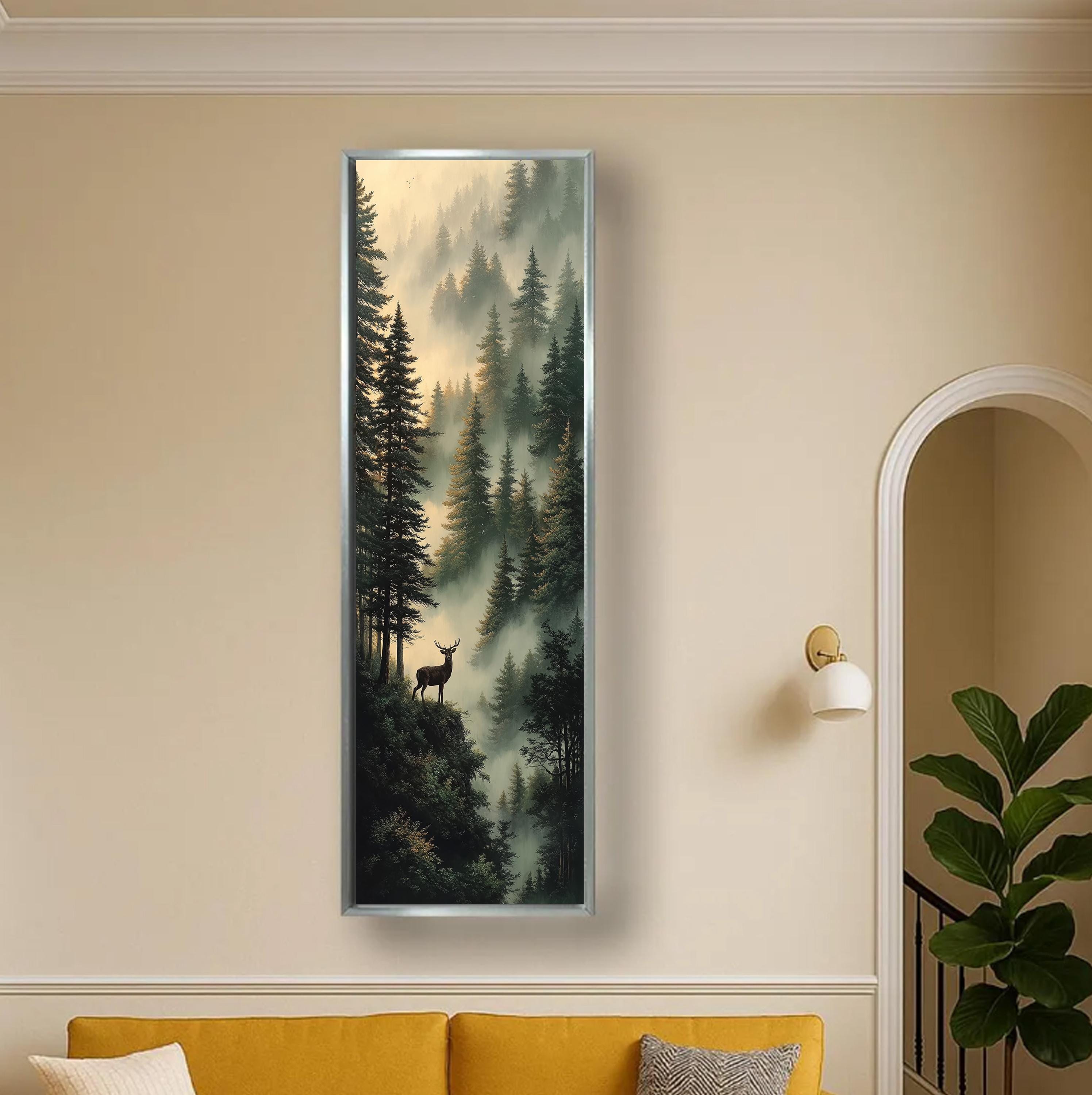 Misty Forest Deer Canvas Wall Art, Vertical Woodland Landscape Print ...