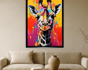Lienzo colorido de jirafa, arte mural de animales pop art, pintura moderna y brillante, decoración de safari divertida para habitación infantil, sala de estar o espacios creativos.