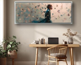 Dreamy Woman Butterfly Canvas Wall Art, Ethereal Female Canvas Print, Whimsical Portrait Painting, Panoramic Bedroom Decor Gift