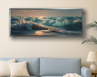 Panoramic Ocean Wave Art, Sunset Sea Landscape Canvas Print, Coastal Wall Decor for Living Room Bedroom Office Modern Home