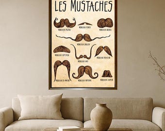Póster vintage con tabla de bigotes, decoración de pared para barbería, lámina con estilos de bigote, decoración de pared con tipografía retro, idea de regalo divertida para amantes de la barba.
