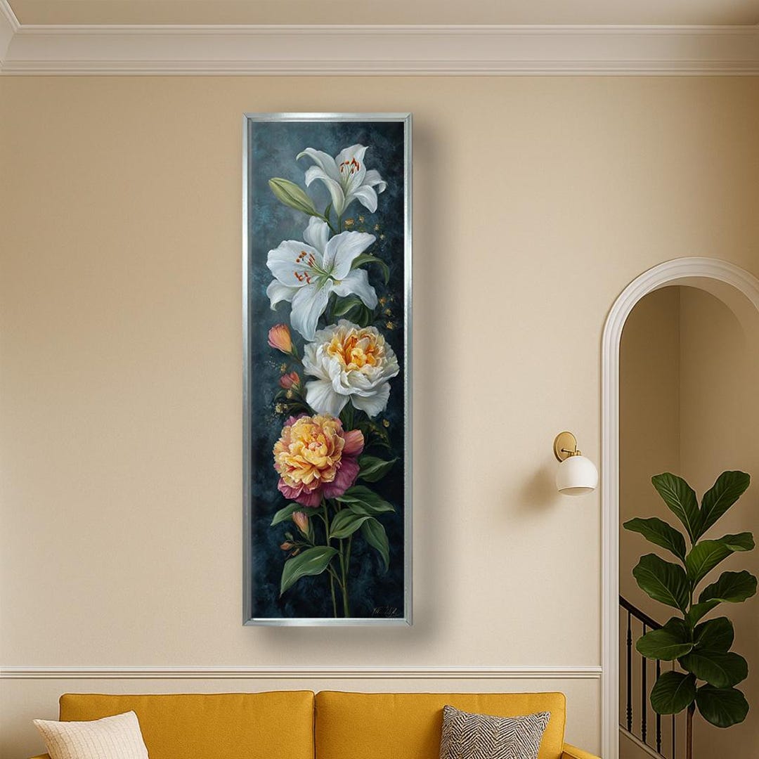White Lily Peony Floral Art, Elegant Vertical Flower Wall Decor ...