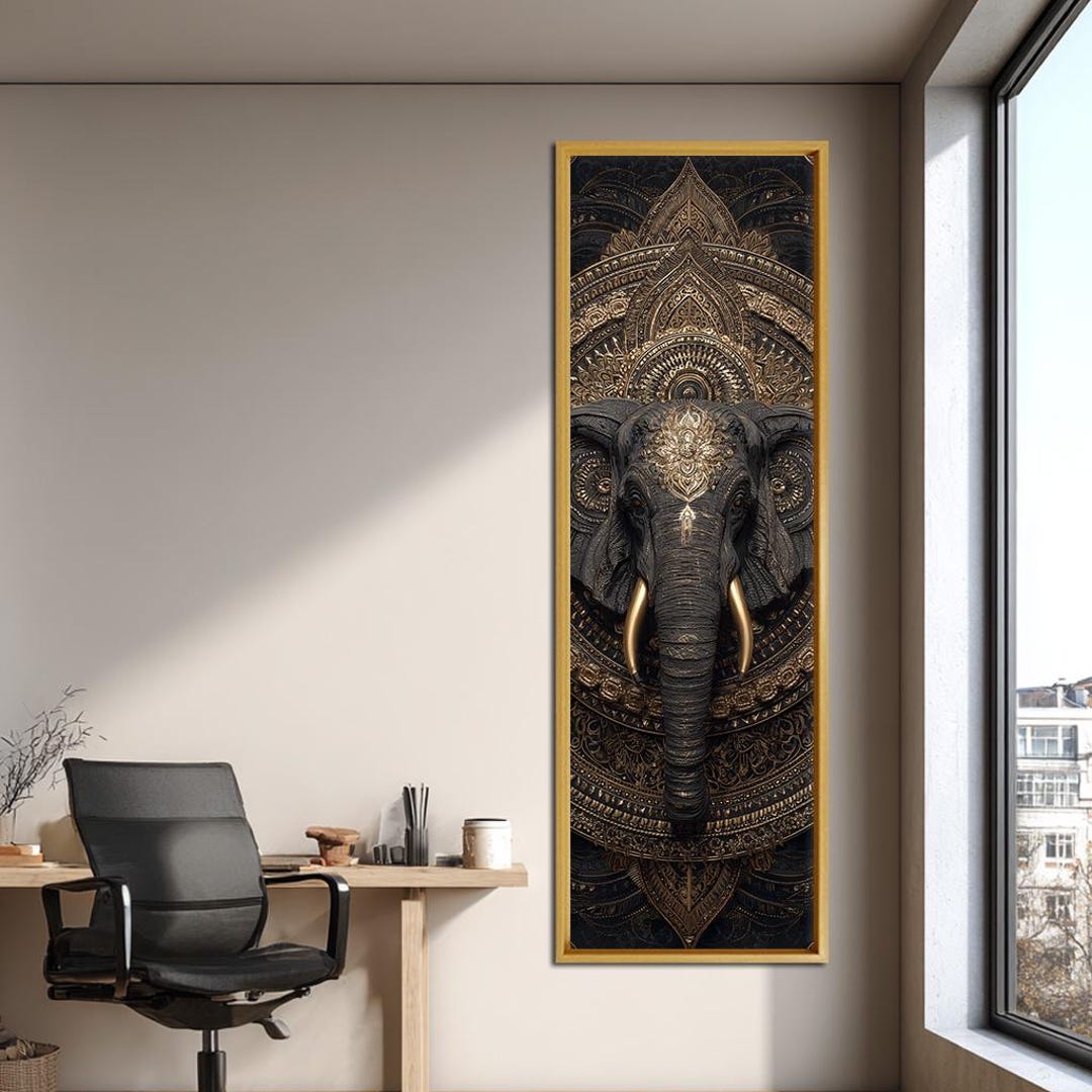 Black and Gold Elephant Canvas Wall Art, Mandala Boho Vertical Print ...