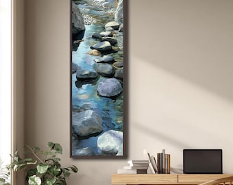 Cuadro vertical de piedras de río, pintura de paisaje acuático zen, lienzo con imágenes de naturaleza tranquila, decoración para baño tipo spa, dormitorio o entrada.