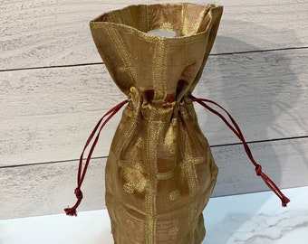 Wine Bag handmade gold tissue organza border metallic fabric gift bag Hostess gift favors reusable