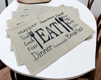 Set of 4 tan cotton kitchen table mats printed words placemats