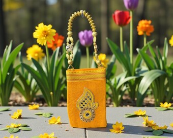 Yellow jute embroidered paisley applique small party bag purse pouch
