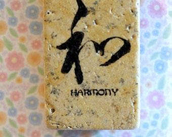 Harmony... asian calligraphy words stone rectangle inspirational magnet 1 3/4 x 1..gift favors
