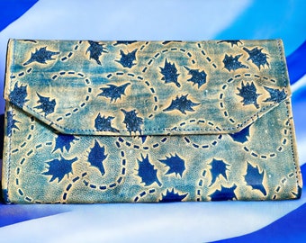 Faux Leather Blue Leaf Wallet - Lightweight Velvet Lined Clutch