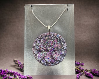 Purple handmade shimmering three dimensional texture floral clay pendant necklace