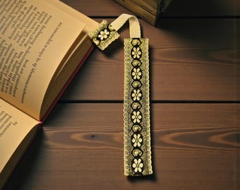 Handmade black and gold woven bookmark flowers paisleys