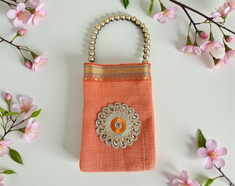 Orange jute embroidered large circle applique small party bag purse pouch