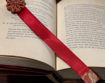 Handmade red satin ribbon bookmark with fabric brocade silk flower kanzashi crystal