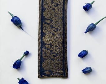 Handmade navy blue sari border gold floral woven bookmark satin thread tassle