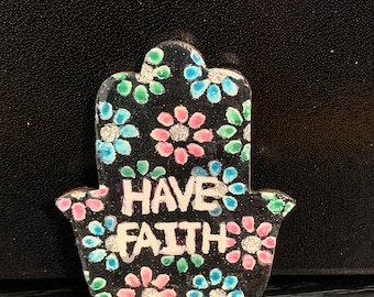 Hamsa Have Faith wood painted hand magnet floral flowers sparkly