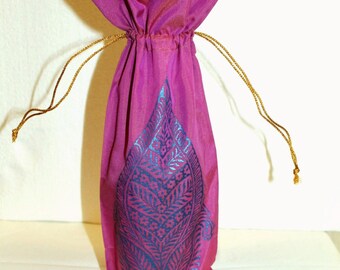 Wine bag gift bag shimmery magenta fabric sapphire blue large ornate floral henna motif Hostess gift favors block printed design reusable