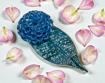 Handmade Clay Leaf Incense Holder: Blue Flower & Silver Foil Decor
