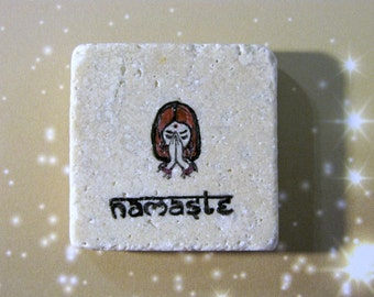 Namaste...traditional..Indian woman..greeting..natural stone magnet 2x2..cute gift favors
