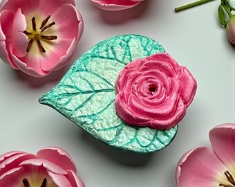 Handmade Clay Leaf Incense Holder, Pink Rose Decor