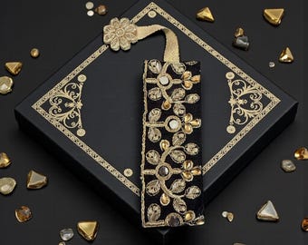 Handmade embroidered black flowers leaves mirror work crystals