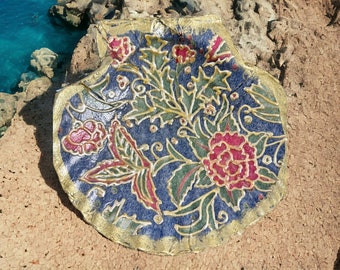 Real seashell decoupage trinket dish blue print jewelry change coins holder