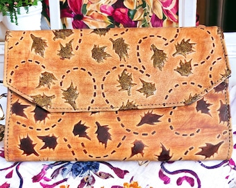 Faux Leather Leaf Wallet, Orange Copper Shaded Design