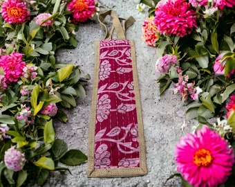 Pink Floral Block Print Jute Wine Bag, Reusable Hostess Gift
