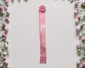 Handmade pink satin ribbon bookmark with fabric brocade square satin flower Japanese Kanzashi crystals